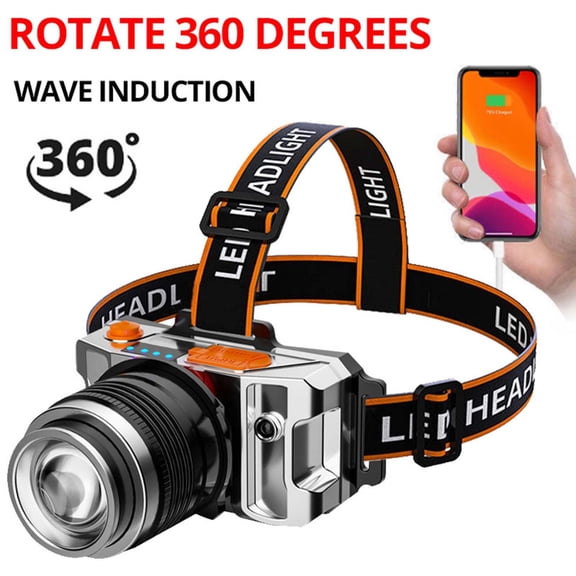 Headlamp Rechargeable, Multifunctional Head-mounted Flashlight, Led Headlamp with 3 Lighting Modes, 360° Wide Angel, Support Mobile Phone Charging, Suitable for Hiking, Running, Repairing, Fishing