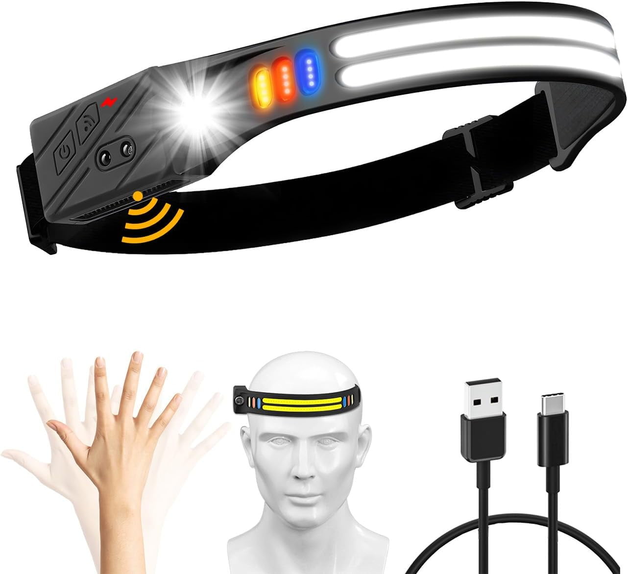 Headlamp Rechargeable Red light Head Lamps Led Rechargeable with Motion Sensor Headlamps Night Fishing Headlamp Light for Buddy Head lights Head, Super Bright Hard Hat Light for Running, Camping
