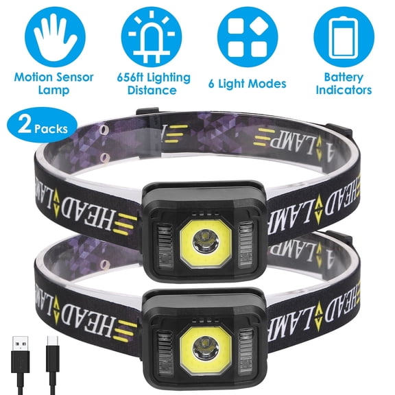 TeqHome 2‑Pack Rechargeable Motion Sensor Headlamp, 500lm Super Bright White & Red Light, 6 Modes LED Headlamp for Camping Cycling Running Fishing Hiking