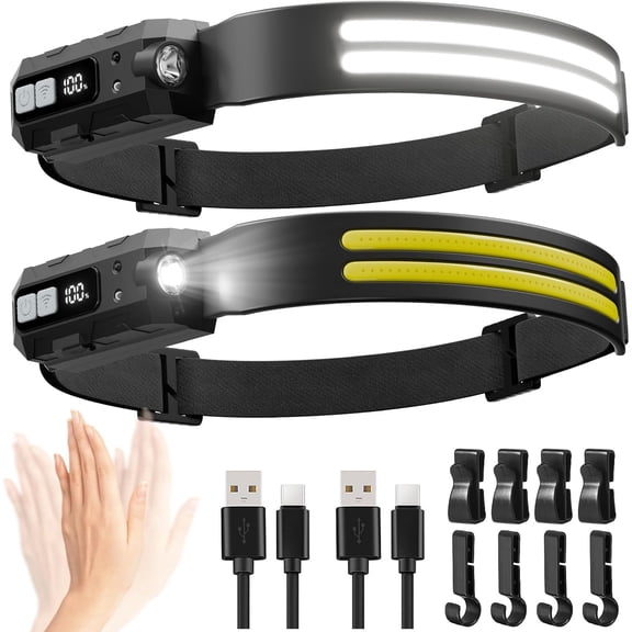 Headlamp with Red Light 2 , 270? Wide Beam Lights for Forehead, 7Mode Lamp with Motion Sensor, LCD Digital Display, Hard Hat Light for Camping Hiking Fishing