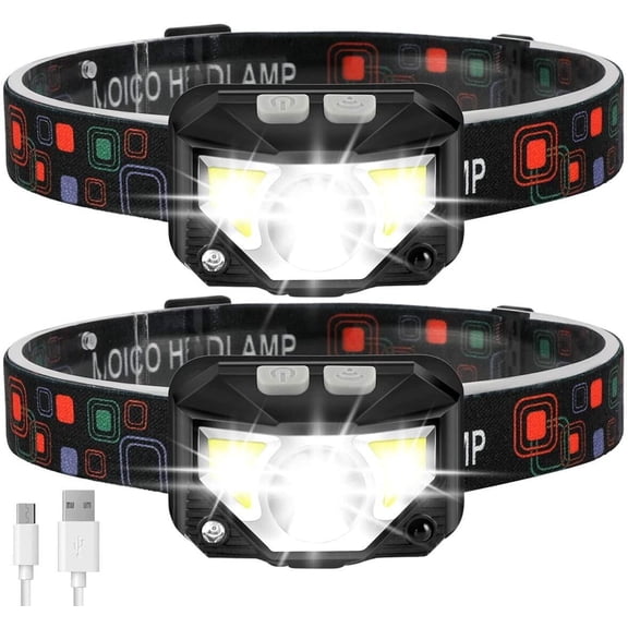 Headlamp rechargeable, 1100 lumen super bright LED head lamp flashlight with white red light, 2 pack motion sensor waterproof head lights, 8 mode headlight for outdoor camping fishing running