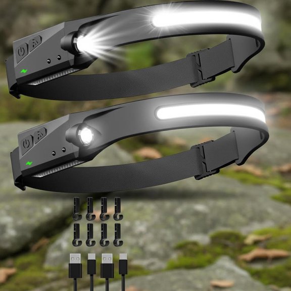 Headlamps Rechargeable with Red Light, Wide Beam LED Head Lamp with Motion Sensor for Running, Camping, Hiking, Hunting, Fishing