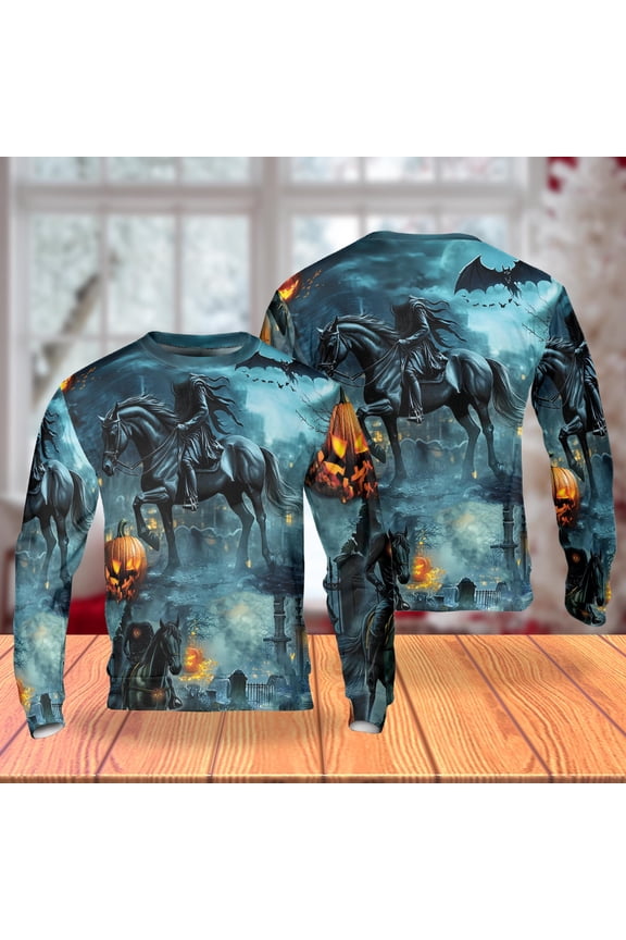 Headless Horseman Halloween 3D Sweatshirt, Gothic Spooky Rider Pullover, Jack O’Lantern Pumpkin Night Crewneck for Men Women
