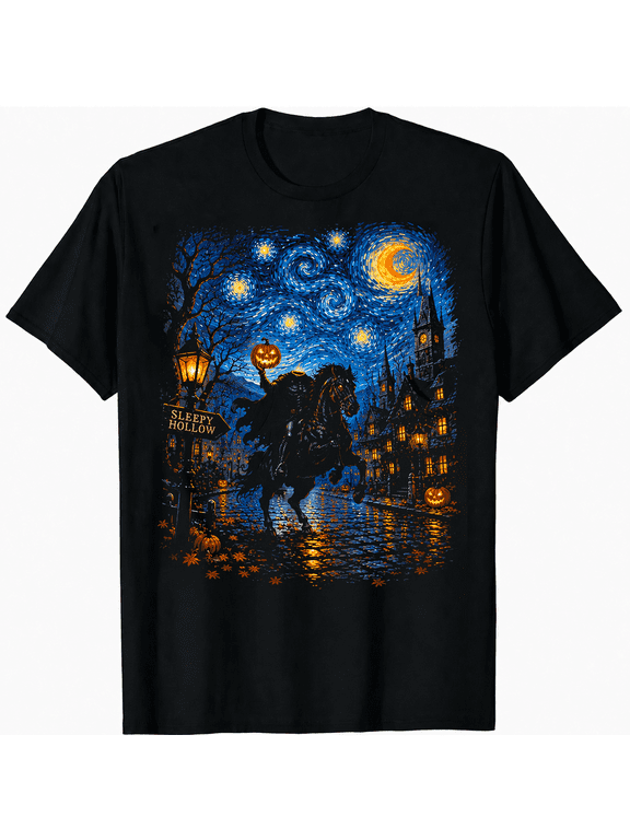 Headless Horseman Halloween Graphic Tee, Starry Sky Gothic Art T-Shirt, Haunted Village Pumpkin Design