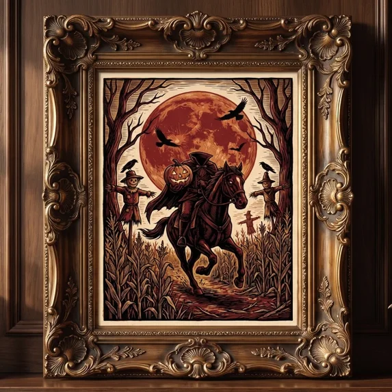 Woddcut Headless Horseman Sleepy Hollow Vintage Halloween Woodcut Poster ...