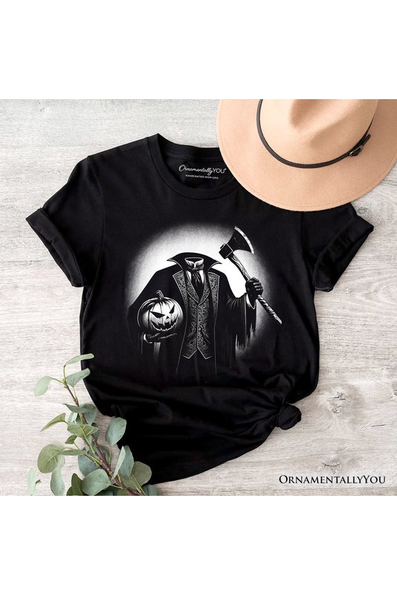 Headless Horseman Spooky Portrait T-Shirt, Horror Villain Theme Halloween Tee