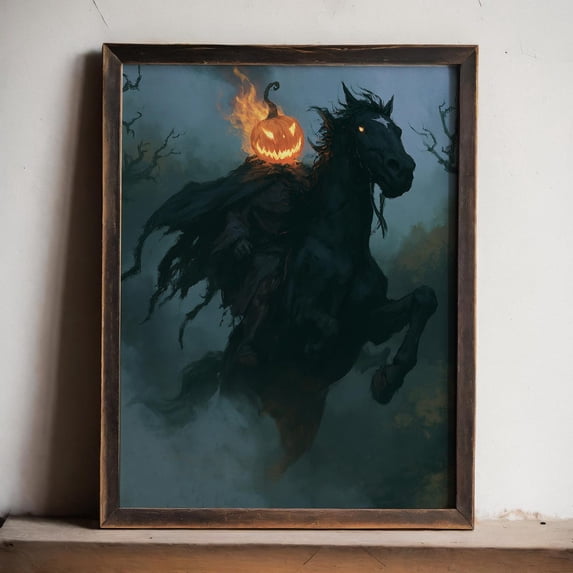 Headless Horseman Wall Art Print, Flaming Pumpkin Halloween, Gothic