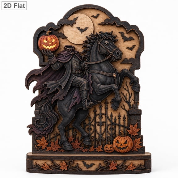 Headless Horseman Wooden Block, Flaming Pumpkin Table Accent, Halloween Decor, Gothic Cemetery Shelf Sitter, Spooky Fall Gift