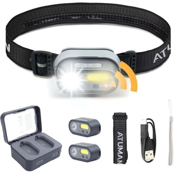 Headlight,2 Headlamp with Motion Sensor, 8 Light Modes,1200 Lumens Dual Beam, Lamp 39H Long Life,Camping Light with Case for Hiking,Outdoor,Fishing