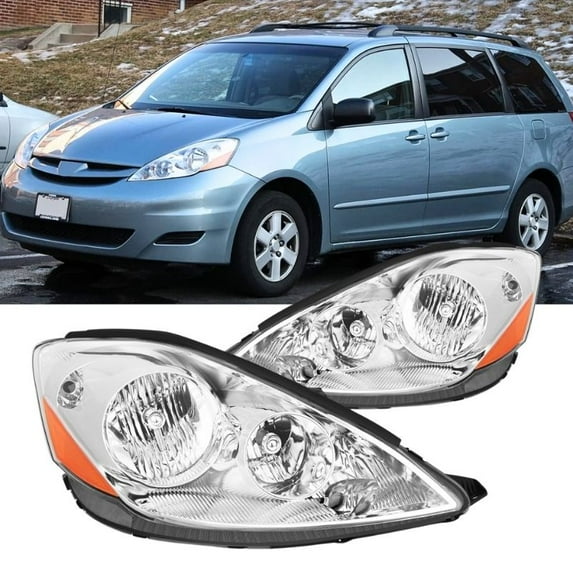 Headlight Assembly for 2006 2007 2008 2009 2010 Toyota Sienna Chrome Housing with Amber Reflector Clear Lens Headlights Assembly Replacement Driver and Passenger Side