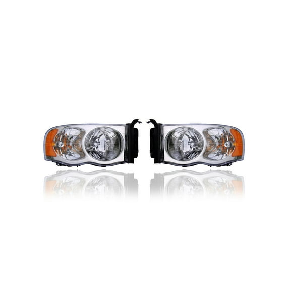 Headlight Assembly - Compatible/Replacement for '02-03 Dodge RAM Pickup 1500/2500/3500 (Exclude Sport) - Halogen, Chrome Interior - Pair, Set - 55077120AF, 55077121AF - CAPA