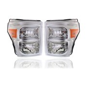 Headlight Assembly - Compatible/Replacement for 11-16 Ford F-250/350 Super-Duty - Halogen/LED, Chrome Interior Bezel - Pair, Left Driver + Right Passenger Set - BC3Z13008E, BC3Z13008F