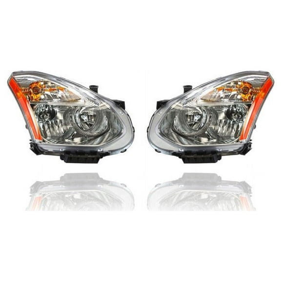 Headlight Assembly - Compatible/Replacement for '13-13 Nissan Rogue S/SV - Halogen With Chrome Bezel - Pair, Left Driver + Right Passenger Set - 260101VK0B, 260601VK0B