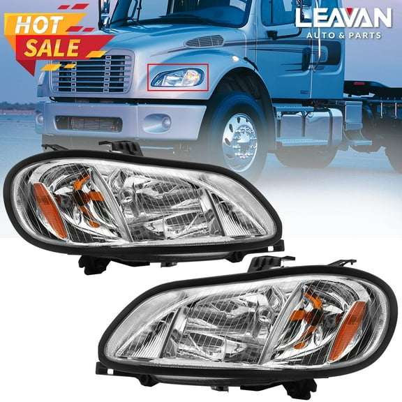Headlight Assembly Compatible with 2004-2013 Freightliner M2, Headlamps Head Lights Lamp Assembly Left and Right (Chrome)