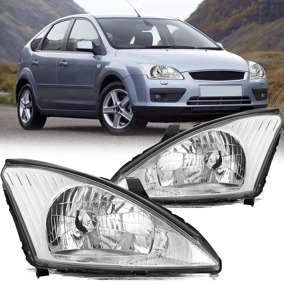 Headlight Assembly Fit 2000-2004 Ford Focus Halogen Chrome LH+RH Side Headlamps