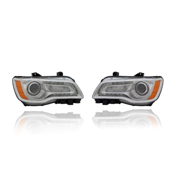 Headlight Assembly - TYC Fit/For 11-14 Chrysler 300-Base/C/Limited - Halogen, Chrome Bezel Type 1, Exclude HID - Pair, Left Driver + Right Passenger Set - 68143002AC, 68143003AC