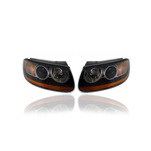 Headlight - Compatible/Replacement for '10-12 Hyundai Santa Fe - Halogen With Orange Light-Bar On Bottom, Black Bezel - Pair, Left Driver + Right Passenger Set - 921020W100, 921010W100