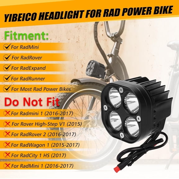 Headlight Replacement Kit for Rad Power Bikes, RadMini, RadRover, RadExpand, RadRunner Models, 6000K LED Waterproof Headlamp with 4 Ultra-Bright Bulbs,  Electric Bike Accessory