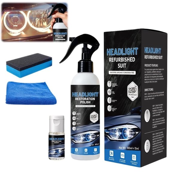 Headlight Restoration Kit with De-Yellowing Liquid and Coating Solution, Clear Car Headlamp Cleaner and Restorer for Automotive Oxidation & UV Protection