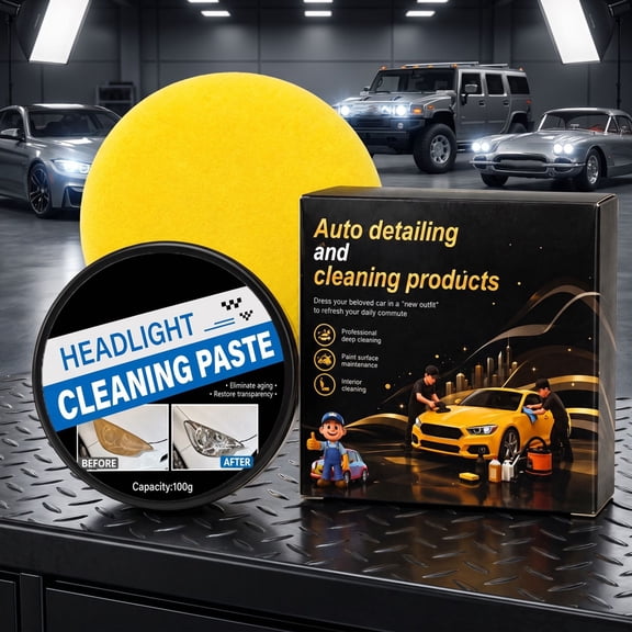 Headlight Restoration Paste 100g, Car Headlamp Cleaner Polish Kit with Sponge, Yellow Oxidation Remover Cream for Foggy Hazy Lens, Plastic Light Cover Repair and Shine Treatment