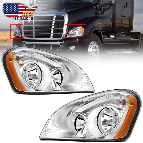 Headlights Assembly Compatible with 2008-2016 Freightliner Cascadia, Halogen Headlamps Assembly, Black Housing Clear Lens Left Driver and Right Passenger Side (Chrome)