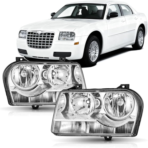 Headlights Assembly Compatible with 2005-2010 Chrysler 300 Halogen Type OEM Style Chrome Housing