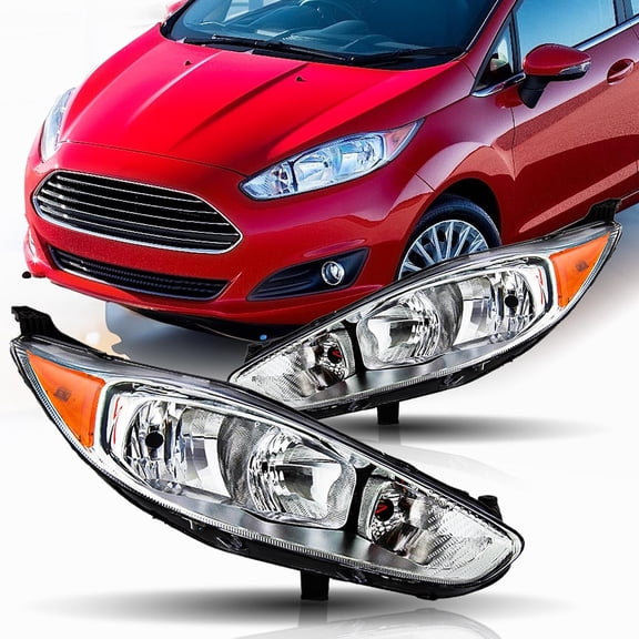 Headlights Assembly Compatible with 2014-2019 Ford Fiesta Halogen Headlamp Chrome Amber