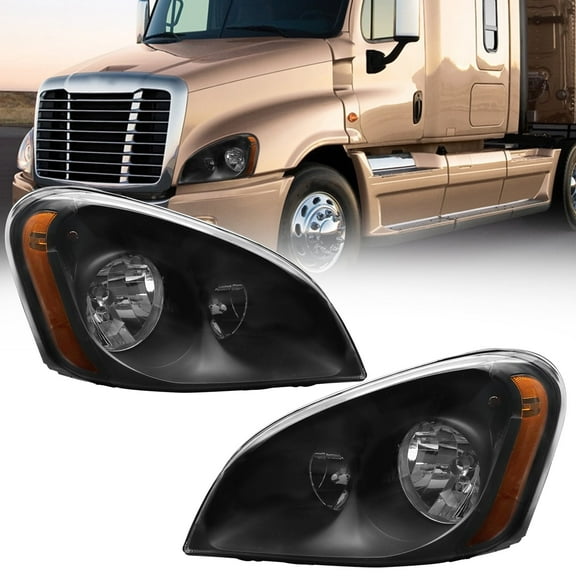Headlights Assembly Fit For 2008-2016 Freightliner Cascadia,Black Housing Headlamps,Left and Right Pair Set, Including Halogen bulbs