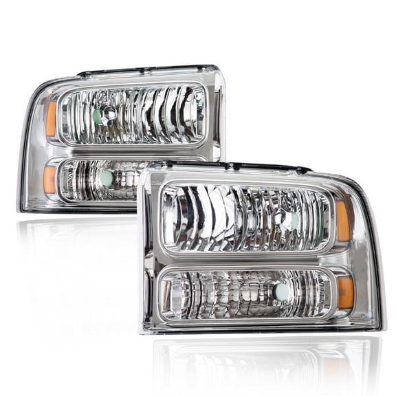 Headlights Assembly Fit for 2005 2006 2007 Ford F250 F350 Super Duty Bumper Headlamps Clear Lens Chrome Housing Amber Reflector