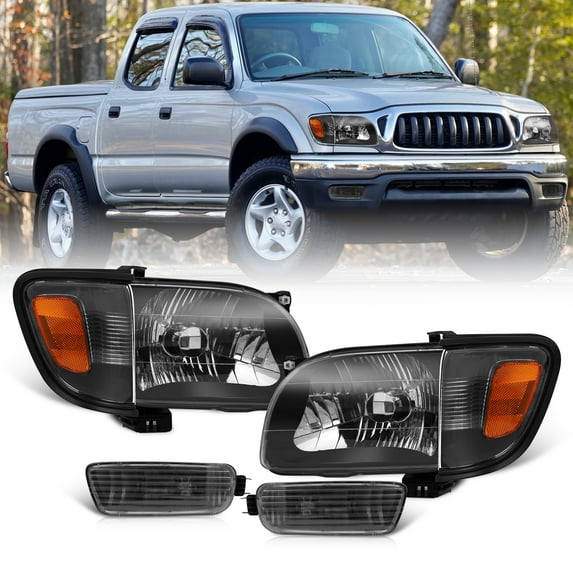 Headlights Assembly For 2001-2004 Toyota Tacoma Headlights Corner Signal Parking Lamps Black Housing - Driver & Passenger Side