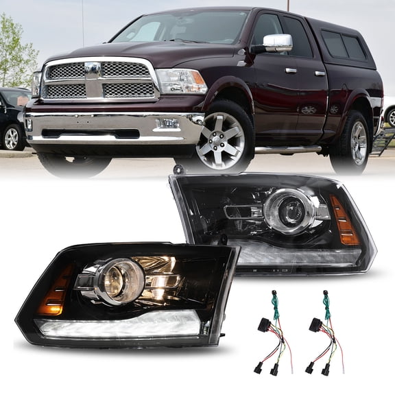 Headlights Assembly for 2009-2018 Dodge Ram 1500 2500 3500,2019-2024 Ram 1500 Classic Classic Halogen Headlight,Glossy Black+Clear Lens
