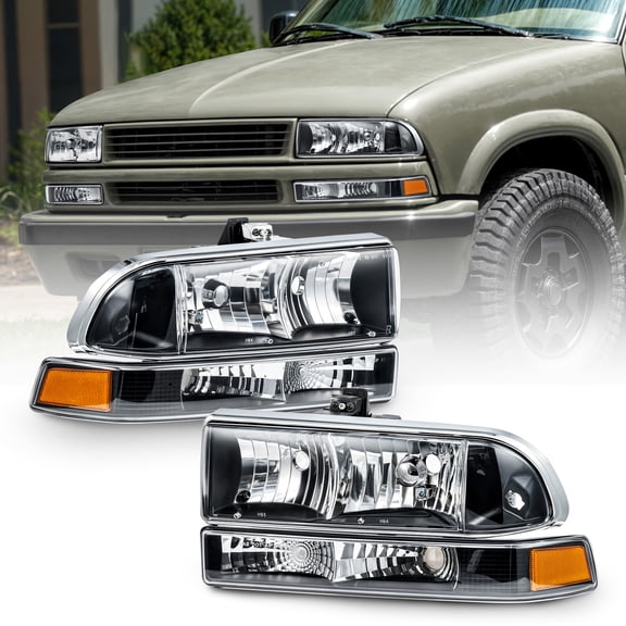 Headlights Bumper Lamps for 1998-2004 Chevy S10 Blazer L & R Replacement Black