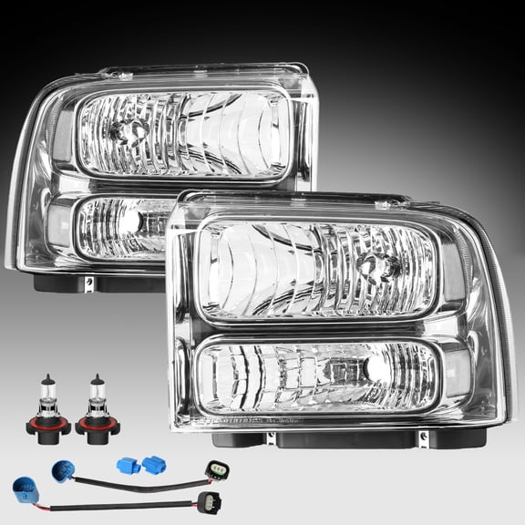 Headlights For 1999-2004 Ford F250 F350 Ford Super Duty Excursion Conversion Chrome Clear