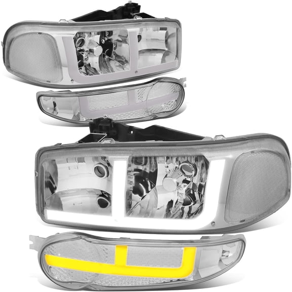 Headlights LED DRL Pair Chrome Compatible with 2001-2006 GMC Sierra Yukon Denali Switchback