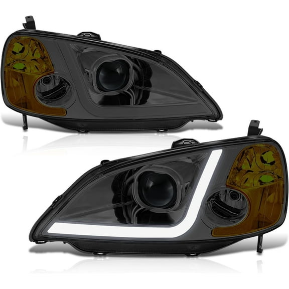 Headlights LED DRL Projector Smoked/Amber Compatible with 2001-2003 Honda Civic Sedan/Coupe