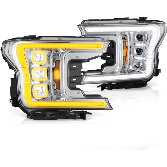 Headlights Sequential Projector Chrome/Amber Compatible with 2018-2020 Fd F-150 Switchback