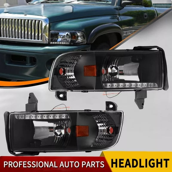 Headlights for 1994-2002 Dodge Ram 1500 2500 3500 LED Strip Black Headlamps L+R