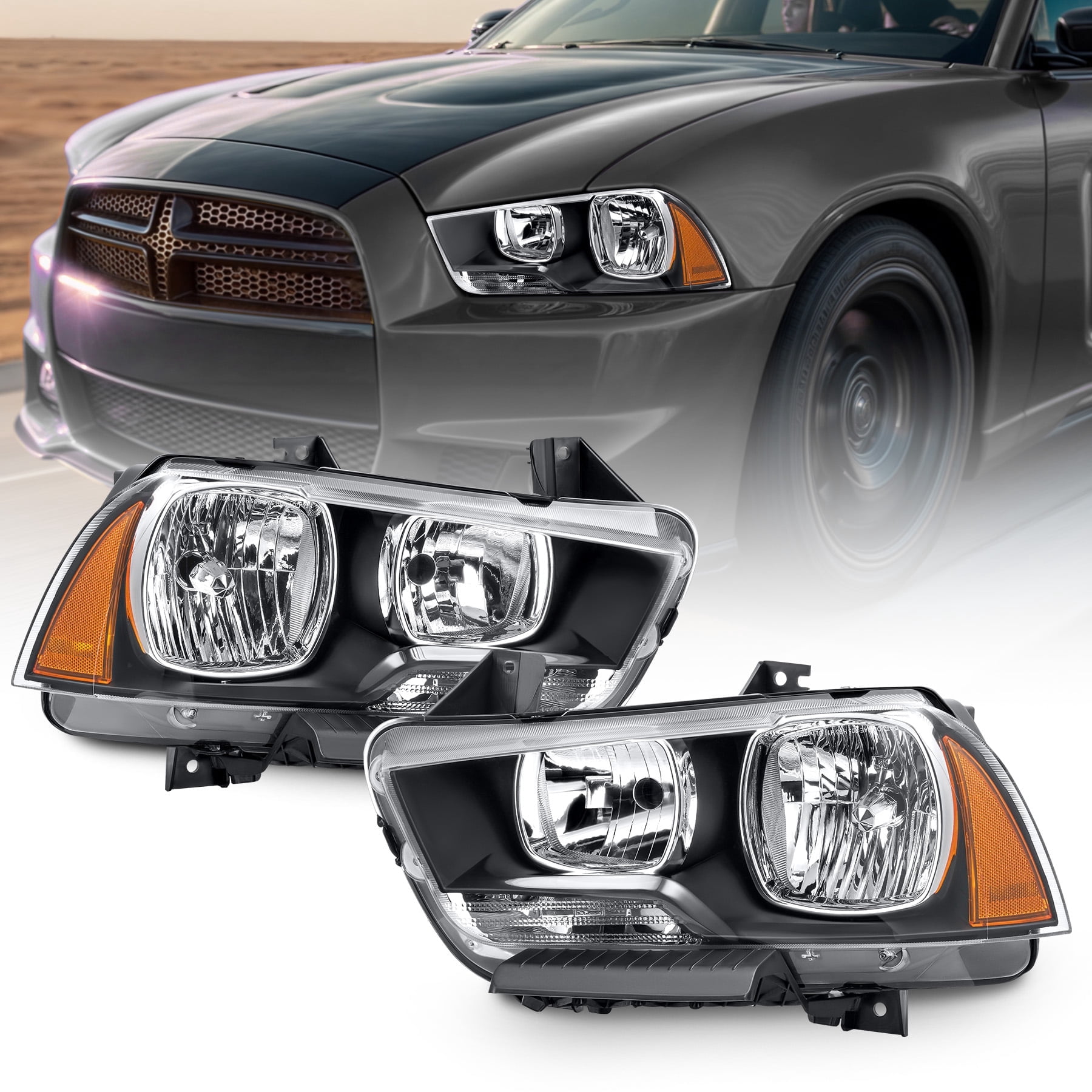Pair Of Black & Amber Headlights For 2006-2010 Dodge Charger - LH & RH, Halogen, DOT Certified 6 thumbnail image