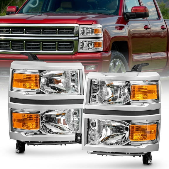 Headlights for 2014-2015 Chevy Silverado 1500 Chrome Amber Headlamps LH&RH Pair