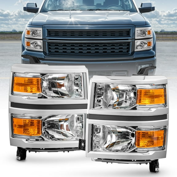 Headlights for 2014-2015 Chevy Silverado 1500 Chrome Amber Headlamps LH&RH Pair