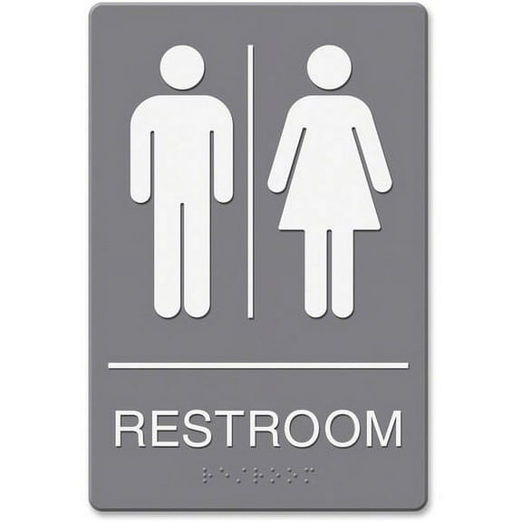 Headline Signs ADA RESTROOM/Image Sign - 1 Each - Restroom Print/Message - Adhesive, Braille - Plastic - White, Gray | Bundle of 5 Each