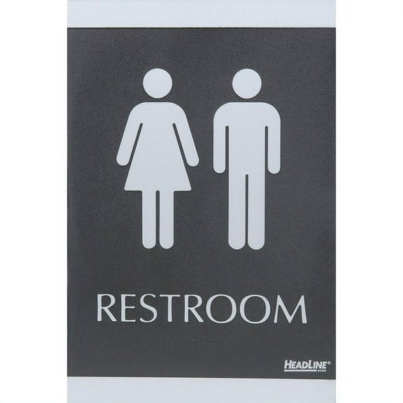Headline Signs ADA RESTROOM Sign - 1 Each - Restroom Print/Message - 6" Width - Rectangular Shape - Silver Print/Message Color - Adhesive Backing, Durable, Pictogram, Self-adh | Bundle of 2 Each