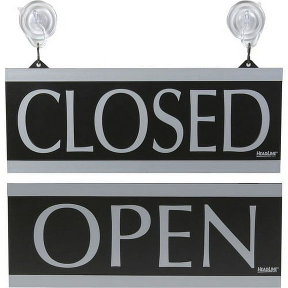Headline Signs Century Series OPEN/CLOSED Sign - 1 Each - Open/Closed Print/Message - 13" Width - Silver Print/Message Color - Reversible, Suction Cup - Gray | Bundle of 2 Each