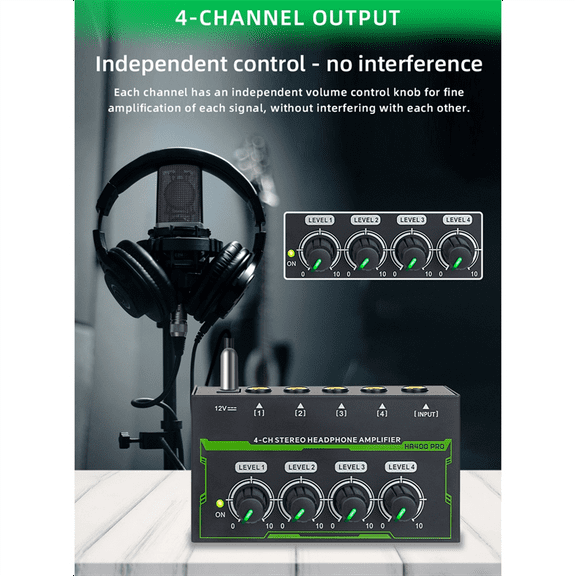 Headphone Amplifier 4 Channel Stereo Audio Amplifier Mini Headphone Splitter for Live and Recording Studio US Plug