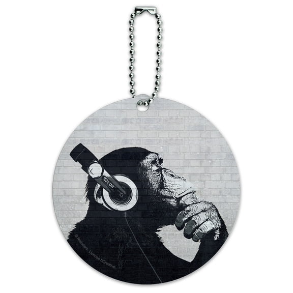 Headphone Chimp Monkey Wall Round Luggage ID Tag Card Suitcase Carry-On