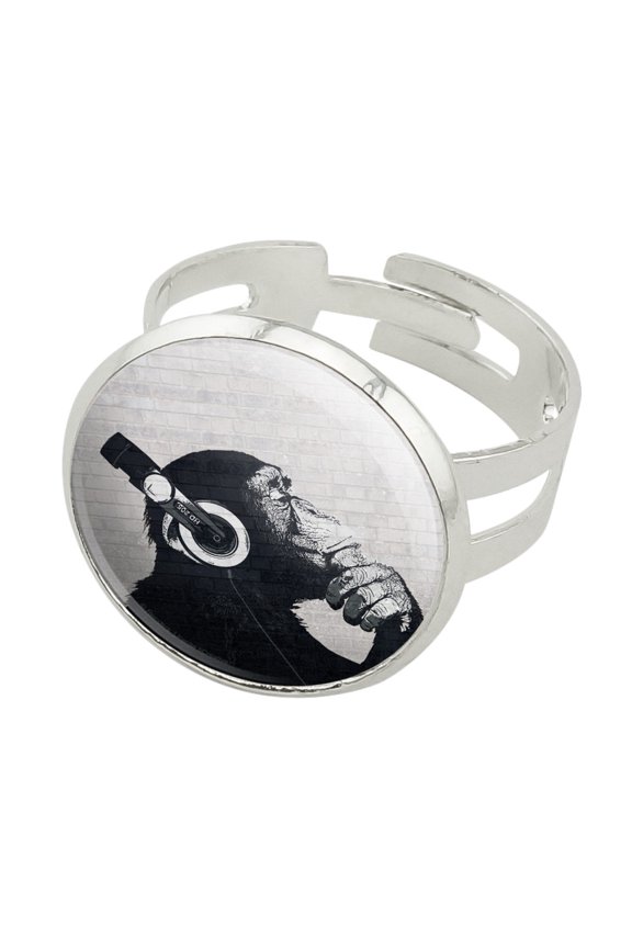 Headphone Chimp Monkey Wall Silver Plated Adjustable Novelty Ring