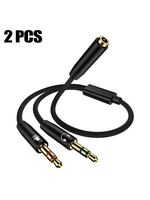 Headphone Mic Splitter for PC, Braided 3.5mm Female to 2 Dual Male Audio Adapter 2-in-1 Y Separator Aux Dongle Converters Cable Cord Compatible with Headset Microphone Gaming Computer Speaker Laptop