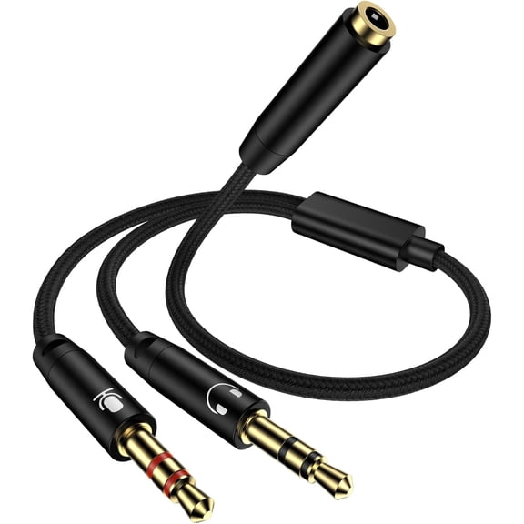 Headphone Mic Splitter for PC, Braided 3.5mm Female to 2 Dual Male Audio Adapter 2-in-1 Y Separator Aux Dongle Converters Cable Cord Compatible with Headset Microphone Gaming Computer Speaker Laptop
