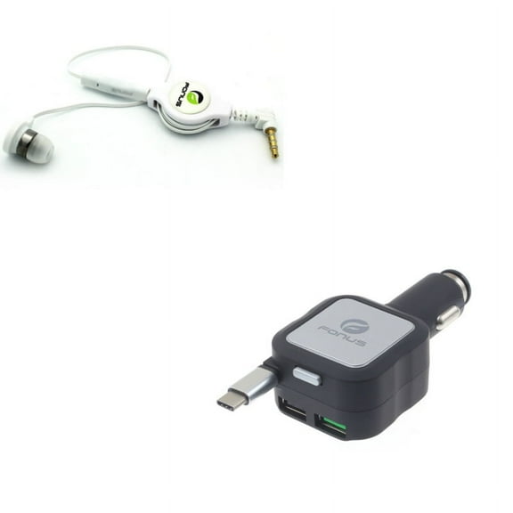 Headphone Retractable Mono Earphone w Retractable Car Charger R7X for Acer Liquid Jade Primo - Alcatel PulseMix, 7, Idol 5S 5 4S - ASUS Zenfone V Live, ROG Phone, AR 6 5z 4 Pro