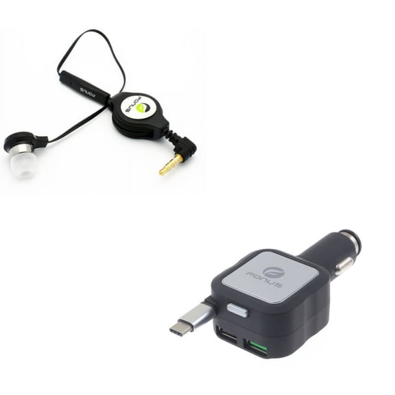 Headphone Retractable Mono Earphone w Retractable Car Charger G4X for Blackberry Motion, Key2, KEYone, LE - BLU G9, Vivo 5 - CAT S61 S48c - Coolpad Legacy - Google Pixel XL 3a XL - HTC 10